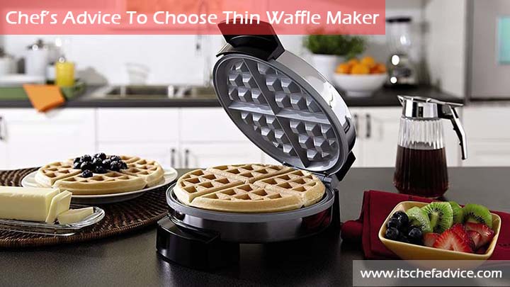 A thin waffle maker with a waffle in it on a kitchen shelf