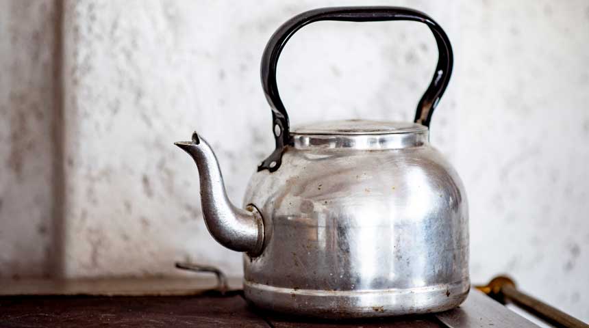 stainless steel tea kettle with black handle