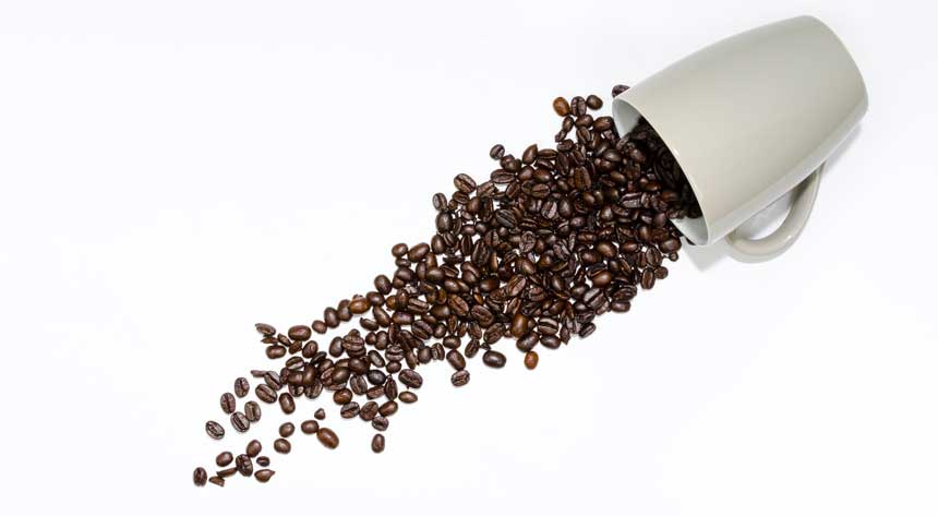 coffee beans with white background along with a cup