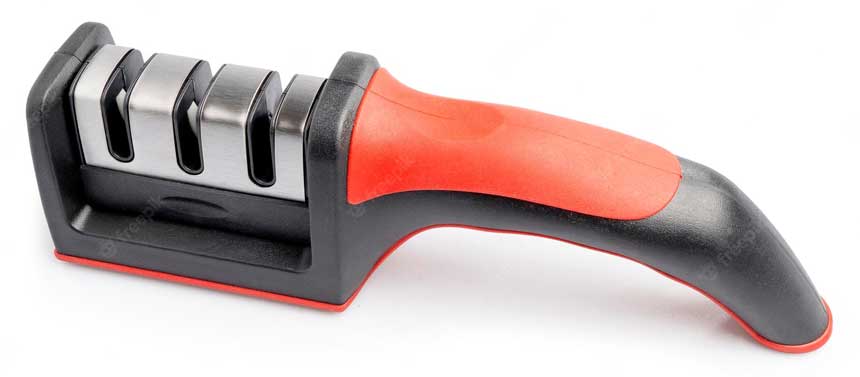 Red & Black colored knife sharpener on a white background