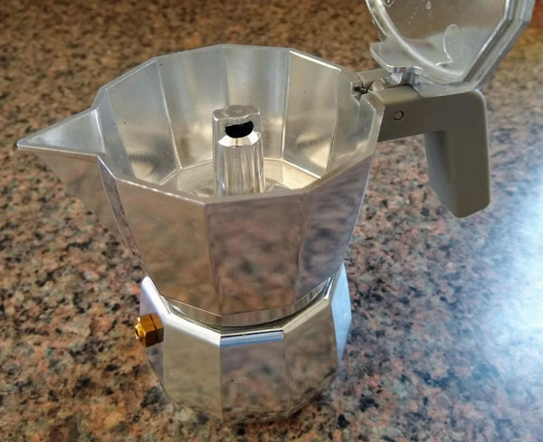 Close up of Alessi Moka Pot on a kitchen table