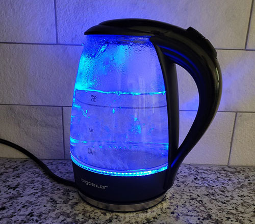 Close up of Aigostar Electric Tea Kettle with LED lights on